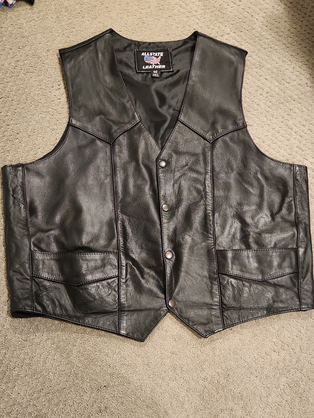 Vintage Allstate leather vest black Snap button closure 2 inner & outer pockets